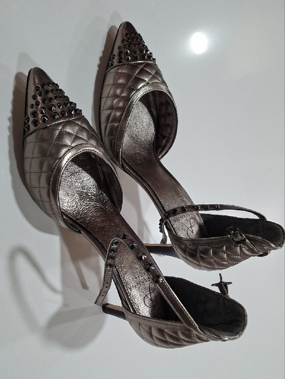 Metallic Quilted Pointed-Toe D'Orsay Heels with Studded Toe